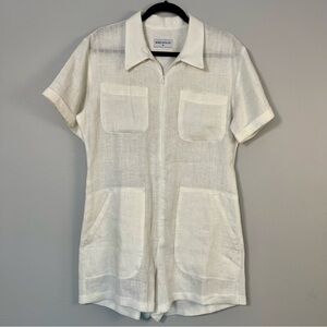RIVET UTILITY Runaround Zip Front
Romper White Linen Short Sleeve Pockets Collar